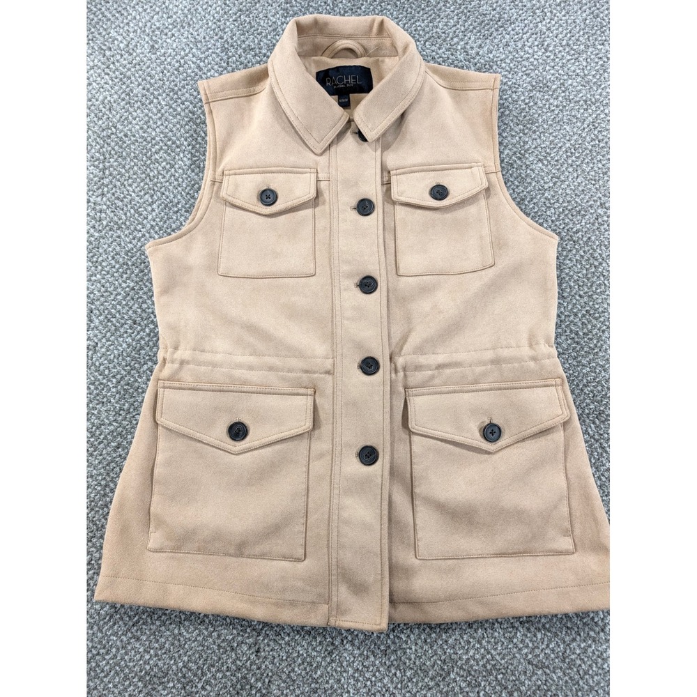 Rachel Roy Womens Tan Faux Suede Utility Vest Cinched Waist Pockets Size Med.
